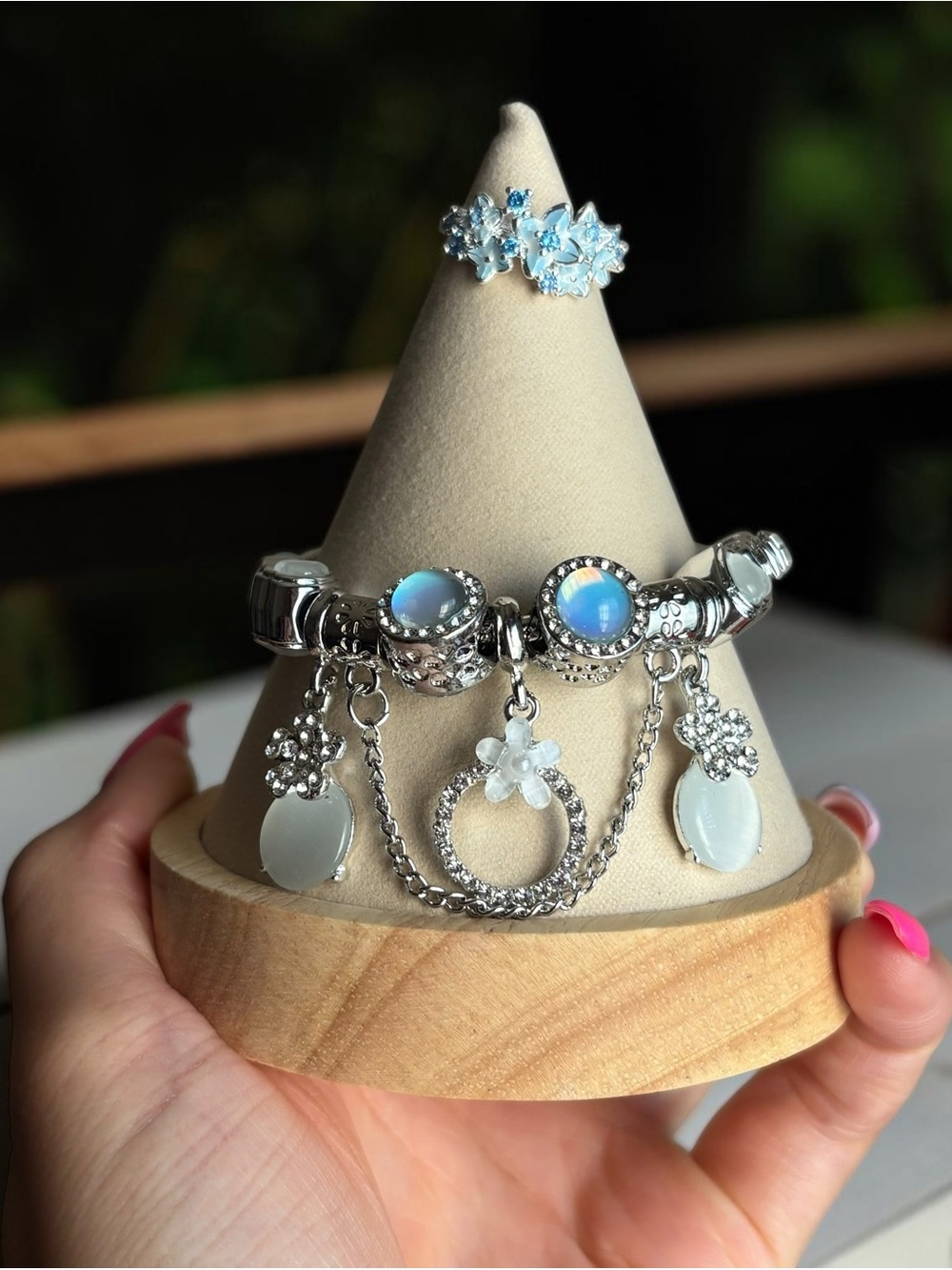 Silver Floral Charm Bracelet and Ring